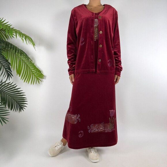 Vintage 90s Red Floral Velour Cottagecore 2-Piece Maxi Dress Cardigan Set / L - Picture 2 of 9